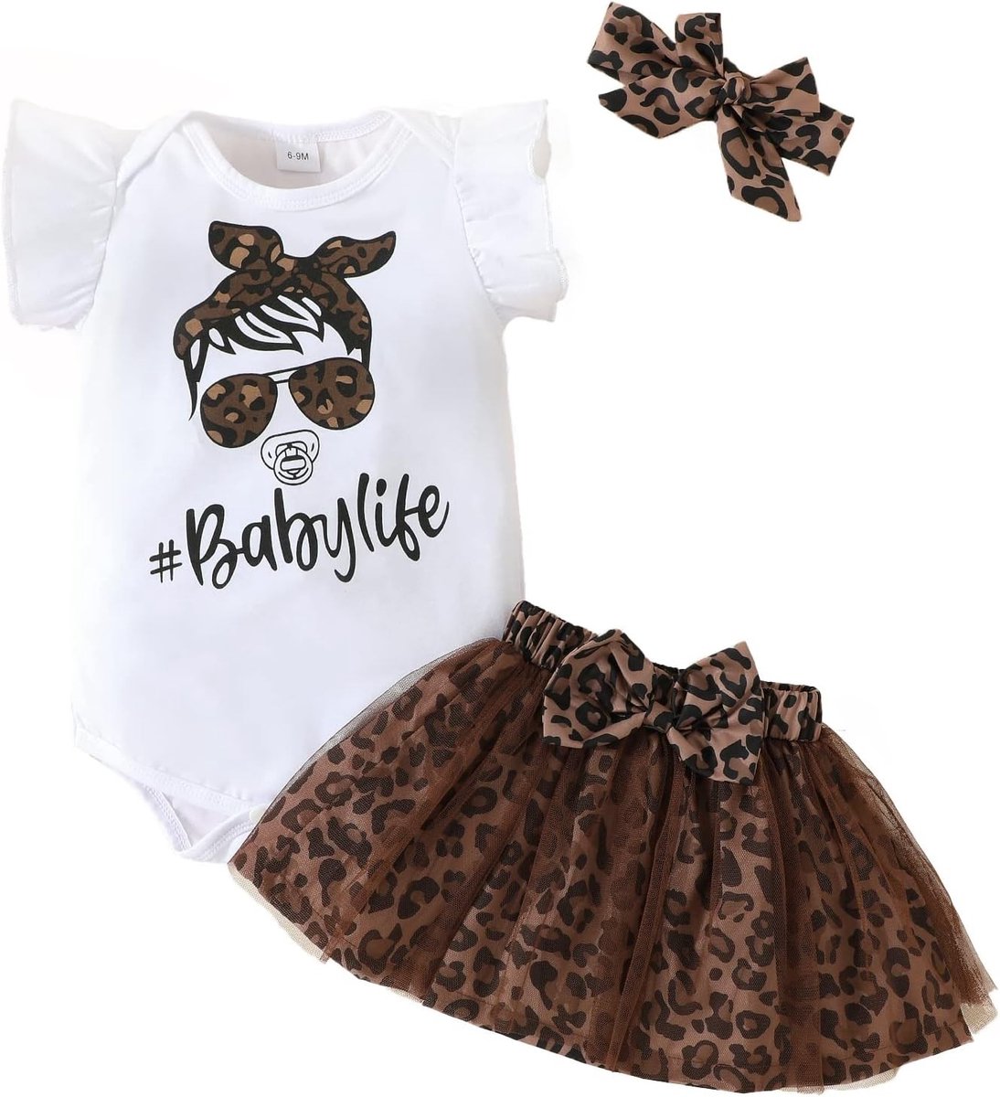 3-delige Zomer Babyset voor Meisjes met Korte Mouwen, Luipaardprint Rok en Haarband voor 0-24 Maanden