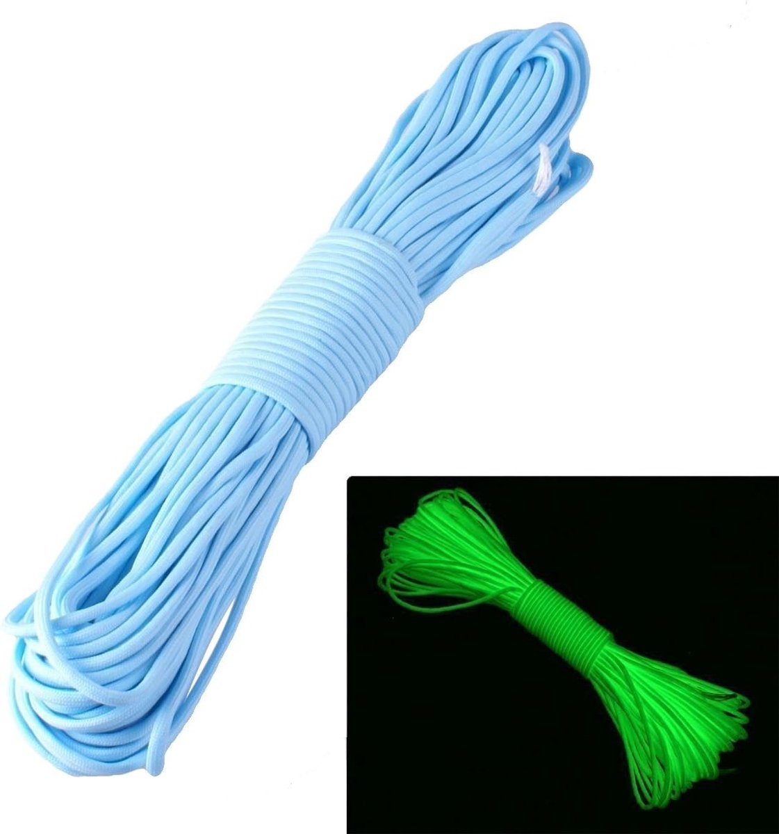 Parachuteline met 9 strengen, glow-in-the-dark, 250 kg draagkracht, blauw, 30.5 m lang, sterk en duurzaam