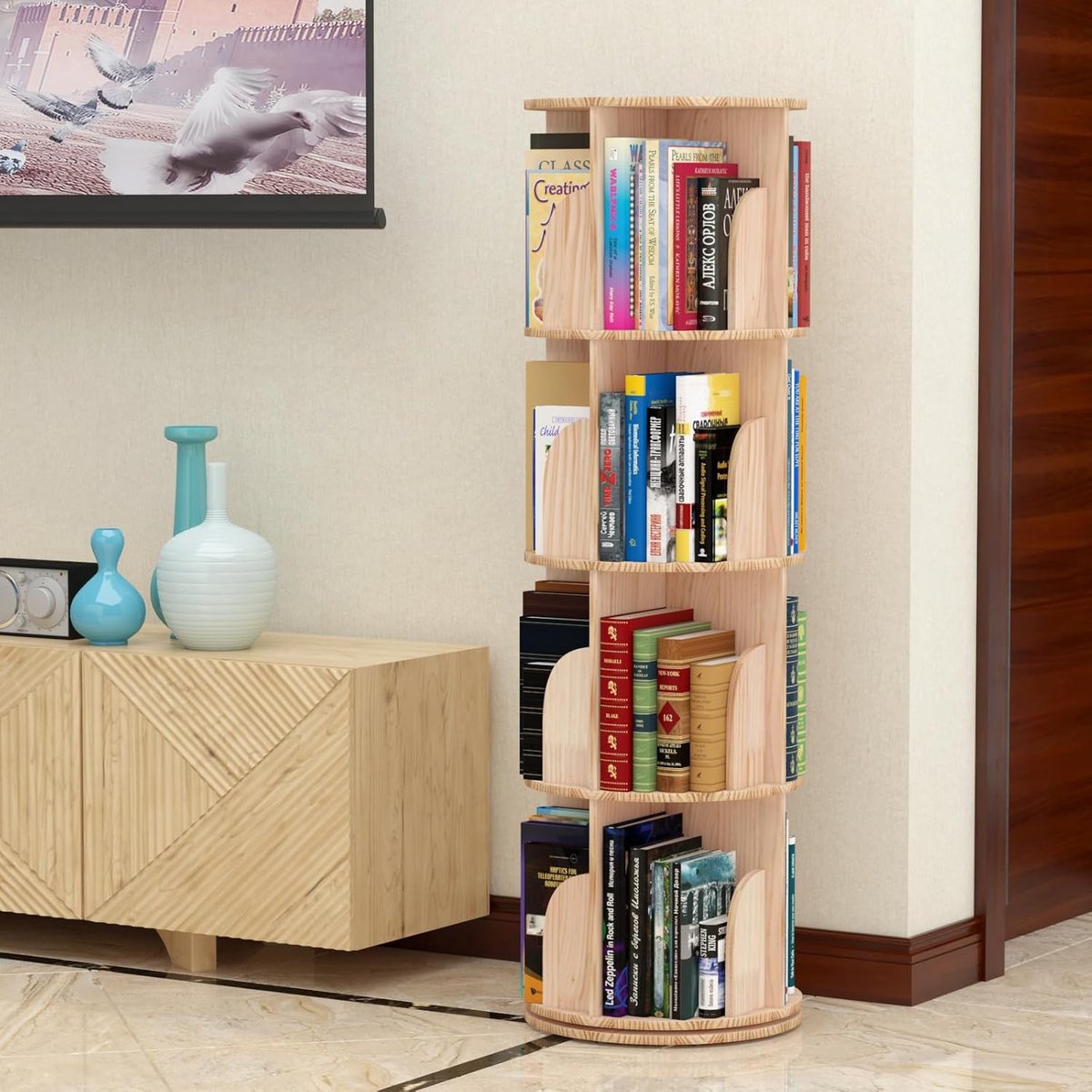 360°draaibare boekenplank van massief hout- staande boekenkast- multifunctionele organizer-opbergplank voor kinderen en volwassenen-voor woonkamer-kantoor- slaapkamer