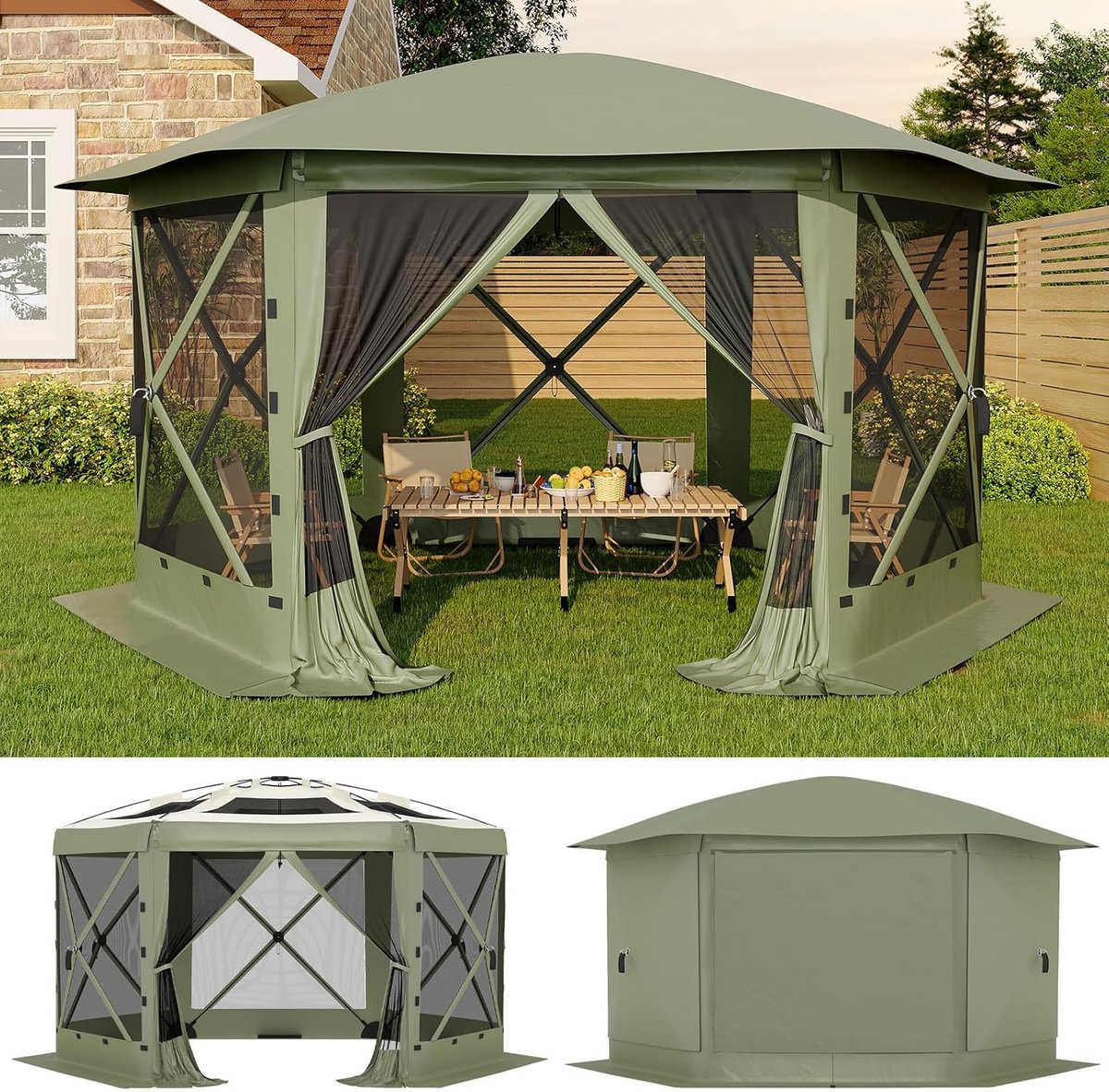 Partytent met Afneembaar Dak - 350x350x220cm - Hexagonale Pop-up Paviljoen - Waterafstotend UV-bestendig - Buitentent voor Camping, Tuinfeest, Evenementen - Groen