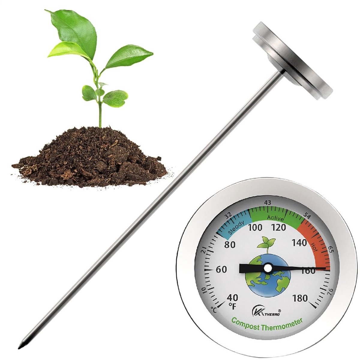 Compostthermometer - Bodemthermometer Warmtemeter - Compost Monitoren - Roestvrijstalen Sonde - 20 cm Diep - Metaal