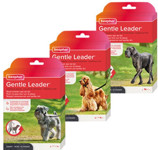 Emballage du Beaphar Gentle Leader avec des images d'un Schnauzer, d'un Cocker Spaniel et d'un Grand Danois.