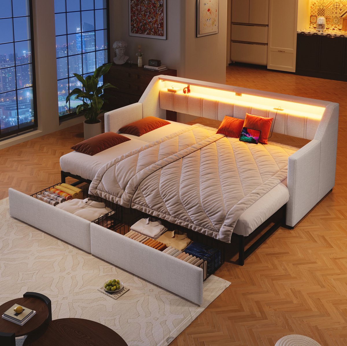 MEUNIQ slaapbank 90 x 200 cm met uitschuifbed, USB en Type-C, LED-verlichting, 2 lades en opbergtassen, zonder matras, beige, voor slaapkamer of logeerkamer