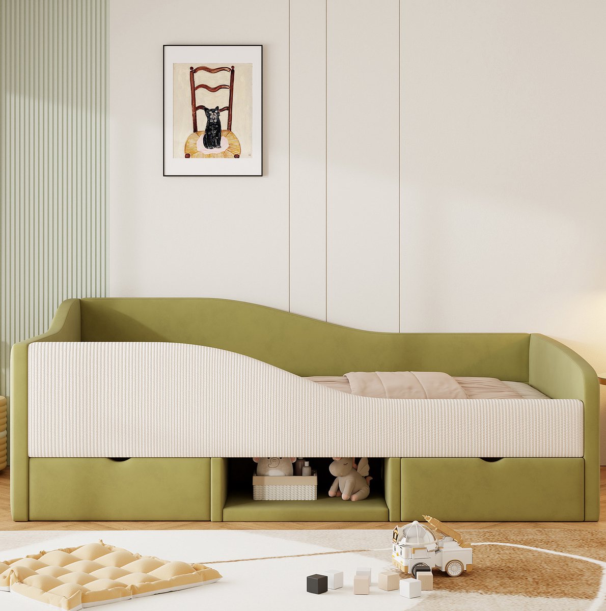 MEUNIQ kinder bedbank 90x190 cm met 2 lades, open opbergruimte, schoenenvak, uitvalbeveiliging en lattenbodem, zonder matras, donkergroen + crèmewit