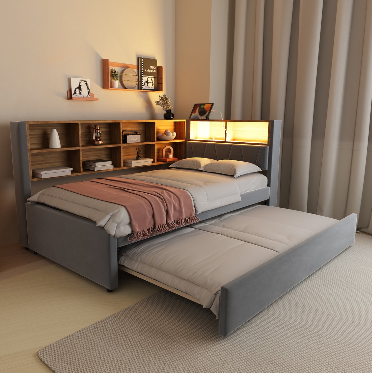 MEUNIQ Slaapbank 90x200 cm met uitschuifbed 90x190 cm, LED-verlichting, USB-C en stopcontact, opbergvakken, lattenbodem, flanel bekleding, donkergrijs