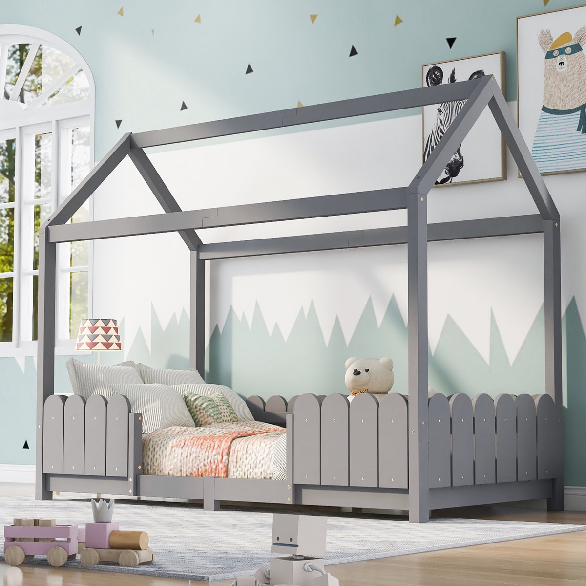 MEUNIQ huisbed 90x200 cm kinderbed met uitvalbeveiliging en lattenbodem, eenpersoons bedframe voor kinderkamer, geschikt voor matras 90x200, grijs