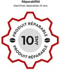 Grijze cirkel met rode rand, met "10" in het midden en "PRODUCT REPARABLE ANS" eromheen.