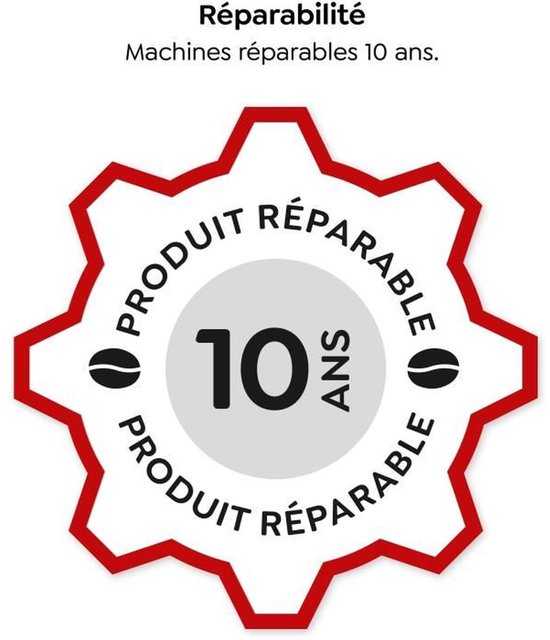 Grijze cirkel met rode rand, met "10" in het midden en "PRODUCT REPARABLE ANS" eromheen.