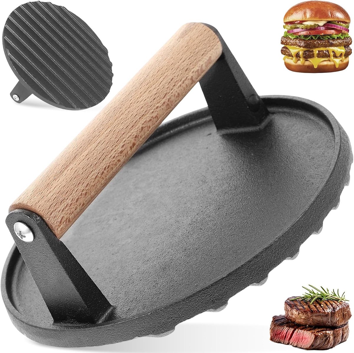 Hamburger press made of cast iron, hamburger press made of robust cast iron, 17 cm with wooden handle for grill - ShopVlot