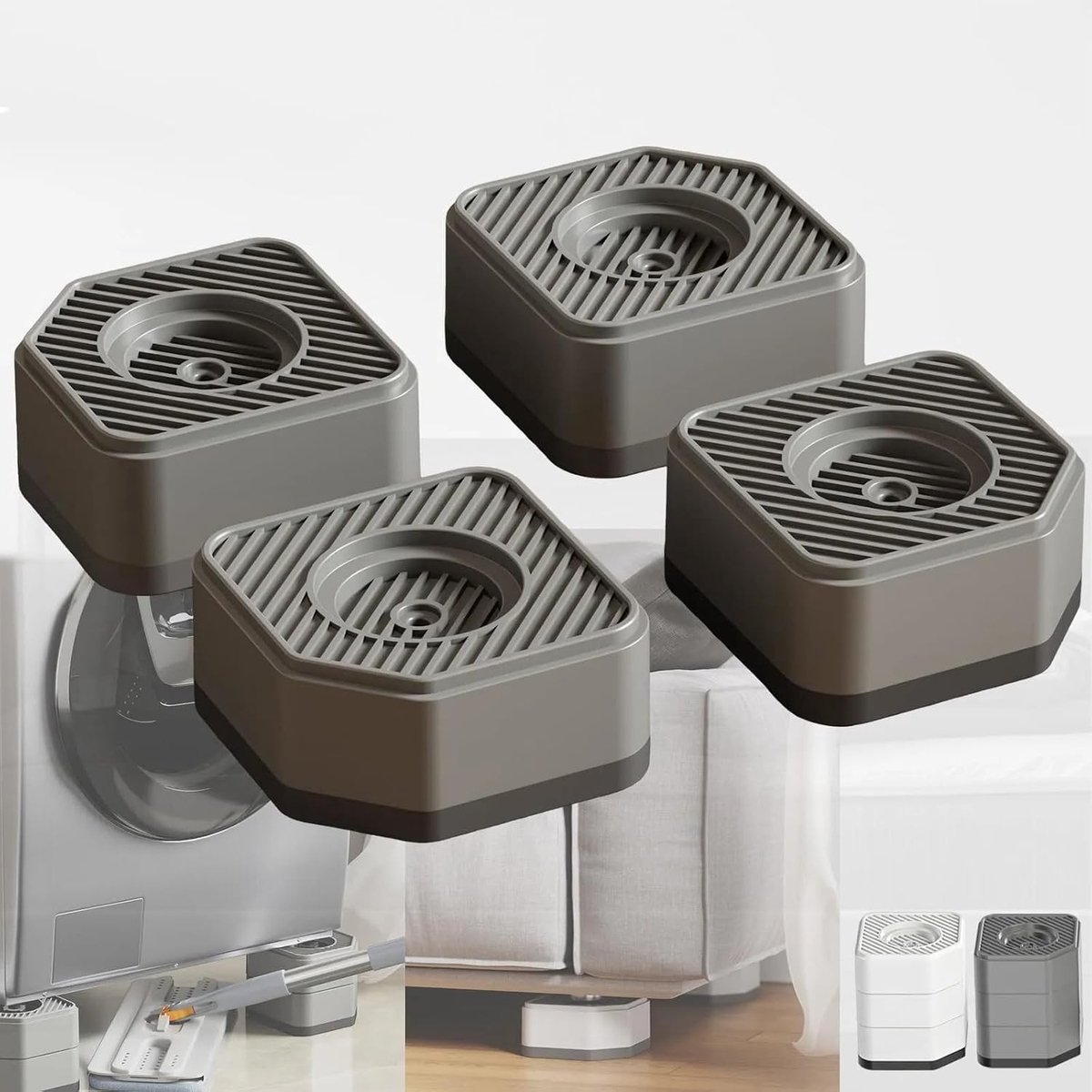 4 stuks grijze anti-trillingsvoetjes voor wasmachines en meubels – stapelbare trillingsdemper voor geluidsreductie en stabiliteit – hoogte 4,5 cm, vermindert trillingen en geluiden