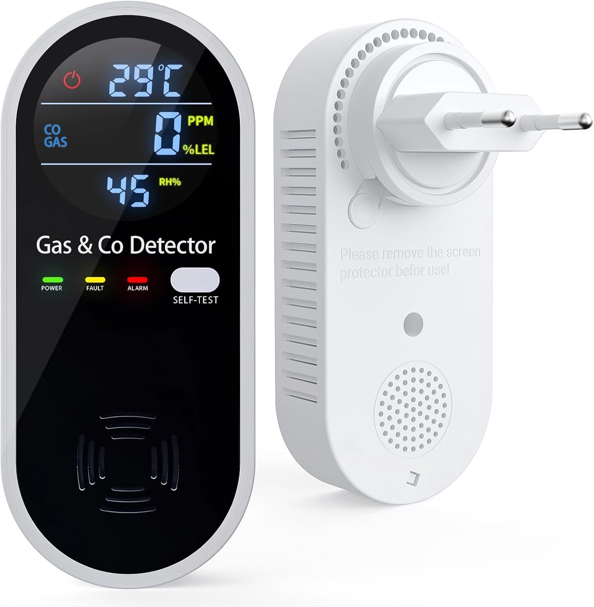 4-in-1 Gas- en Koolmonoxidemelder met Geluidsalarm – CO-meting, Temperatuur, Vochtigheid, Zeltest – voor Woonkamer, Slaapkamer, Kelder, Garage, Kantoren en Meer