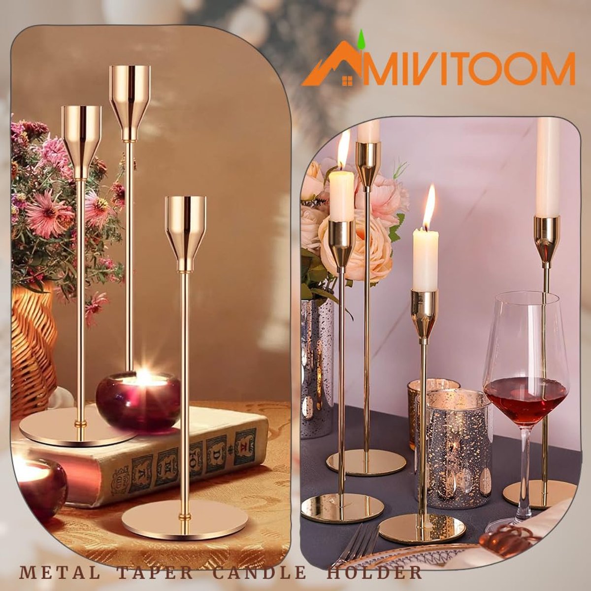 Kaarsenhouders set van 3 - gouden metalen kandelaar - taps toelopend design - elegante decoratie voor bruiloft - ShopVlot