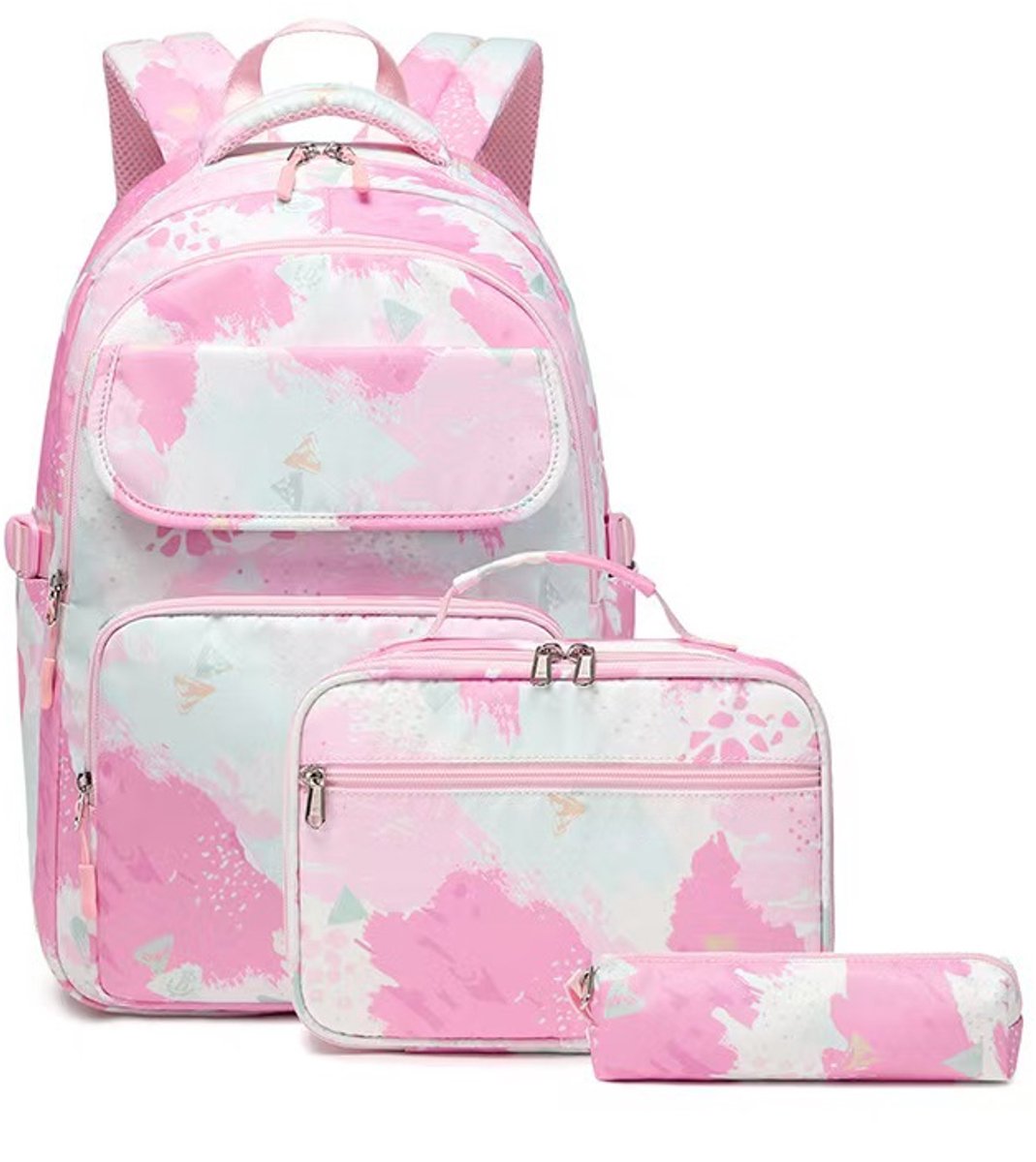 Driedelige rugzakkenset, bestaande uit een schoolrugzak, een tienerrugzak en een sporttas - roze.