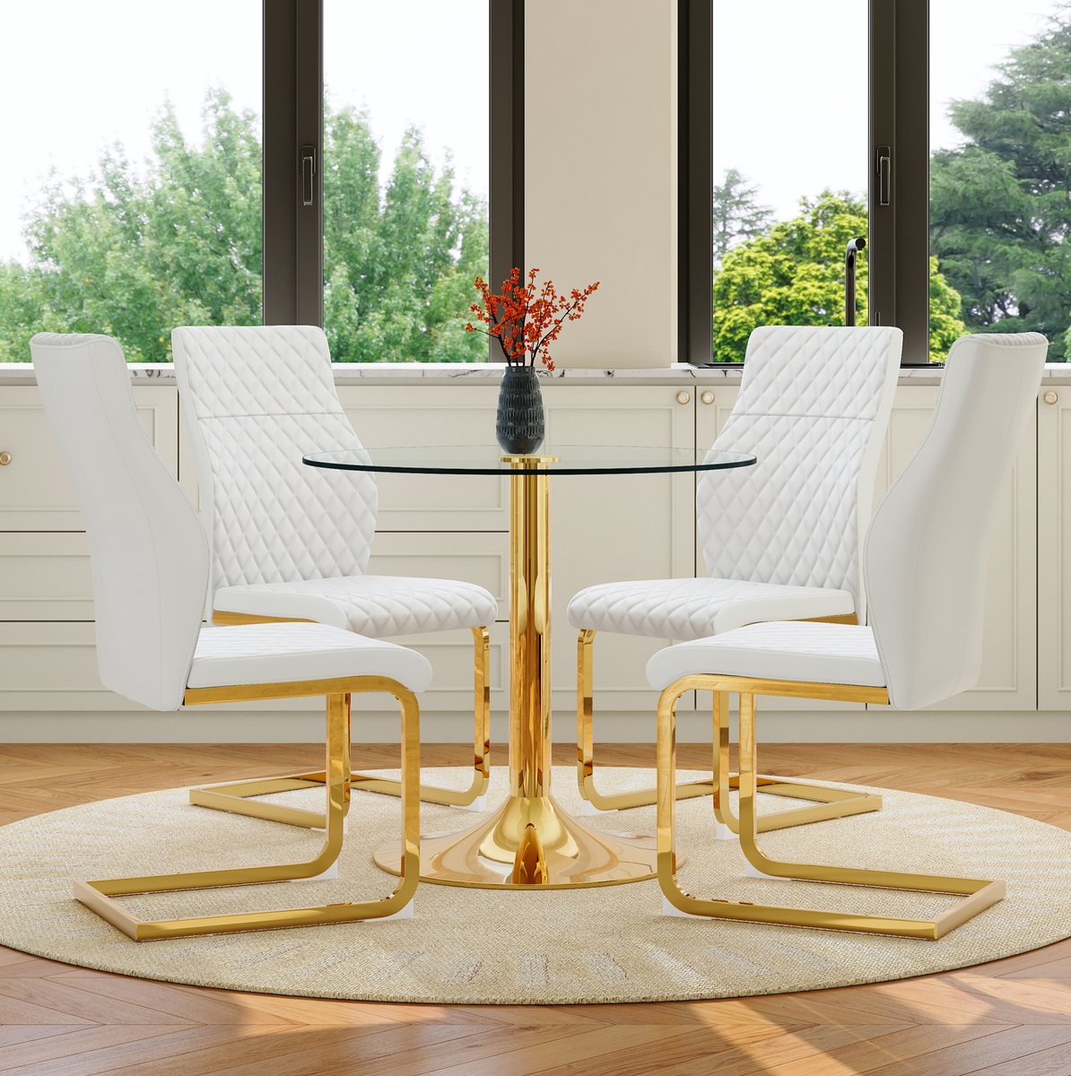 Wishdor Ronde eettafelset - Vier stoelen - Gehard glazen tafel - Metalen onderstel - Modern - Transparant en wit goud - 85 cm tafel, 100 cm stoelen