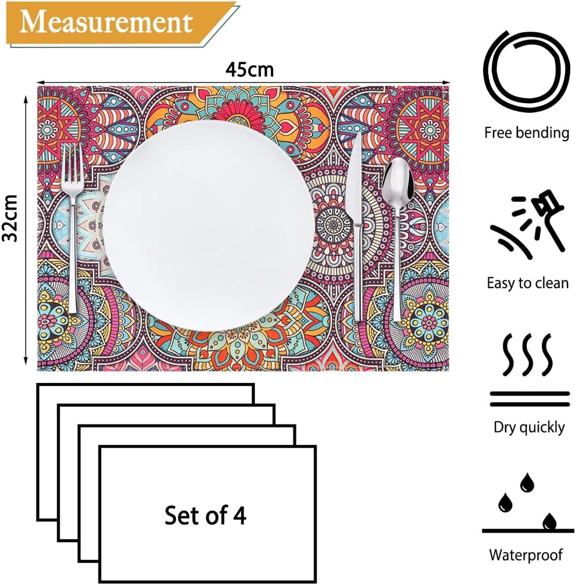 Boho Mandala Decorative Placemats, Cotton Linen Placemats, Ethnic Bohemian Style, Floral Paisley, Heat-Resistant - ShopVlot