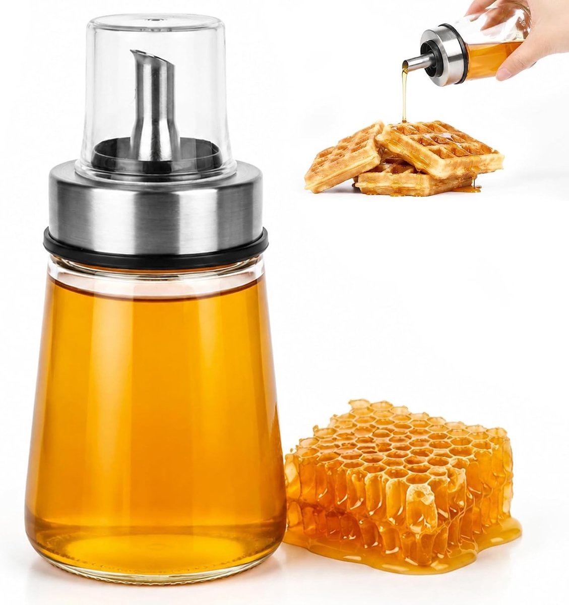Honingdispenser van glas met roestvrijstalen schenktuit, ideaal voor honing, siroop en suiker, perfect voor keuken en ontbijttafel, 180 ml met deksel