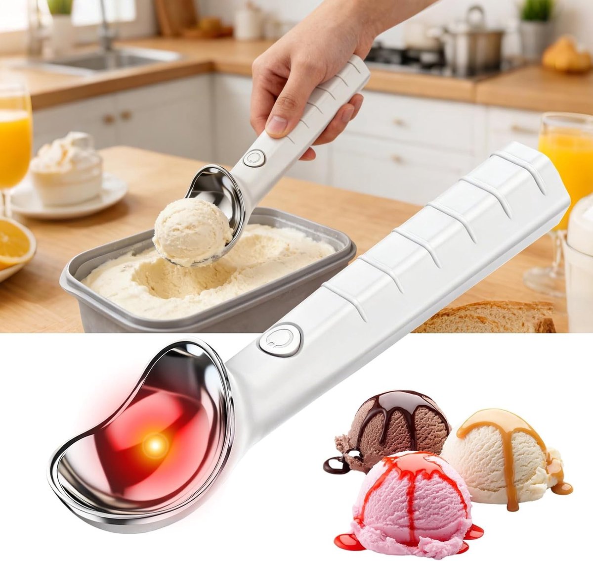 Elektrische verwarmde ijslepel, oplaadbare ijslepel met 2 temperaturen voor hard ijs en gelato, ideaal voor perfecte ijsporties
