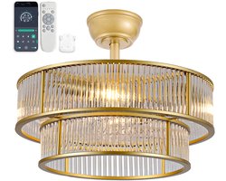 19 inch kristallen plafondventilator met dubbele verticale balk (goud) - App-bediening - 6 snelheidsstanden - Geluidsarm - ABS-bladen - Ideaal voor slaapkamer en kinderkamer