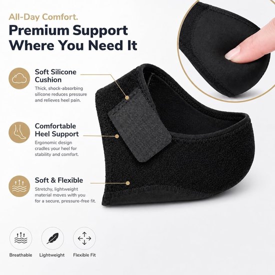 Dik siliconen hielkussen voor plantaire fasciitis en hielspoor, schokdemping, inlegzolen voor heren en dames, zwart, comfortabele hielbescherming en ondersteuning — afbeelding 2