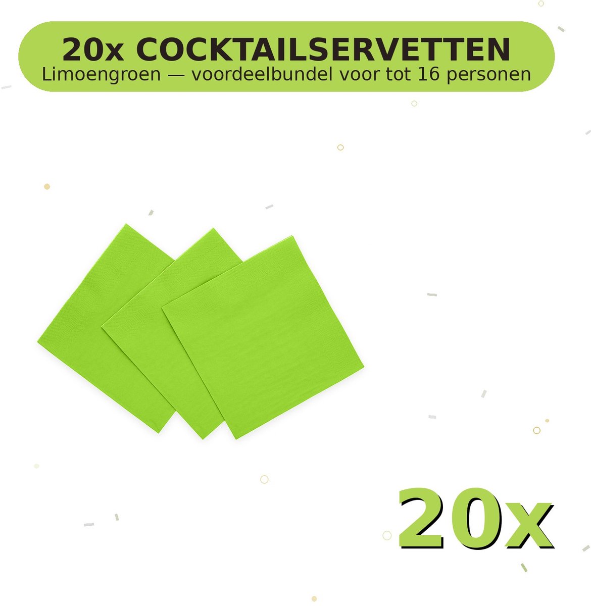 Cocktail servetten 24x24cm FSC Limoengroen - Voordeelverpakking 20 Stuks voor tot 16 Personen - Feestartikelen