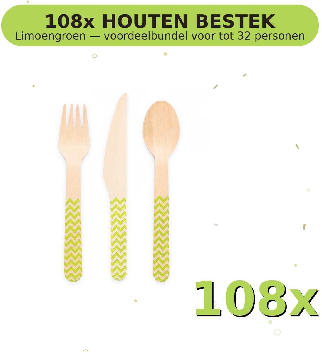 Houten bestek FSC Limoengroen - Voordeelverpakking 108 Stuks voor tot 32 Personen - Feestartikelen