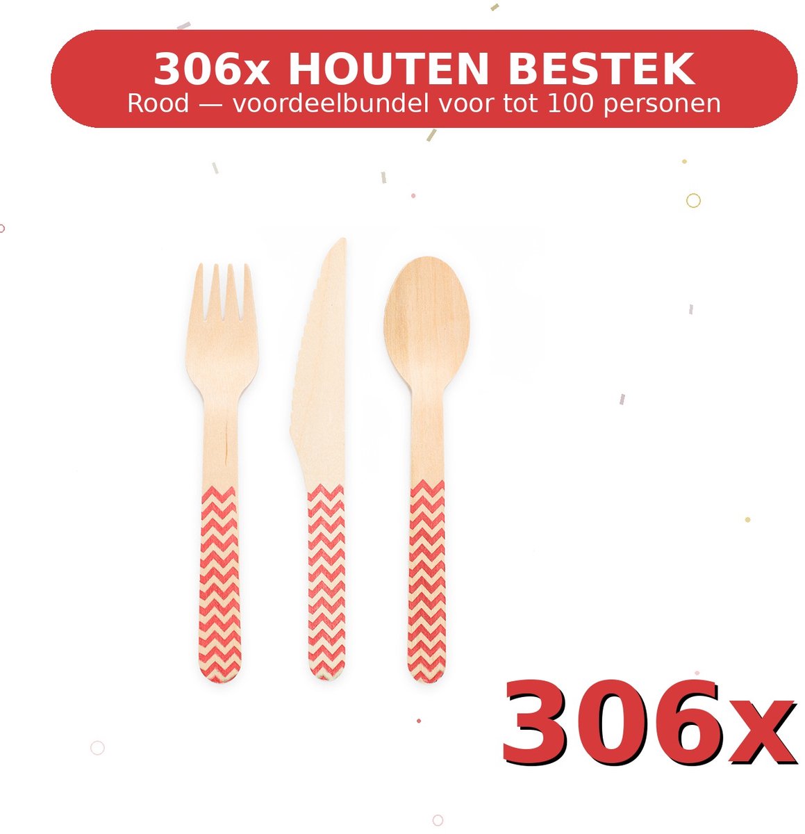 Houten bestek FSC Rood - Voordeelverpakking 306 Stuks voor tot 100 Personen - Feestartikelen