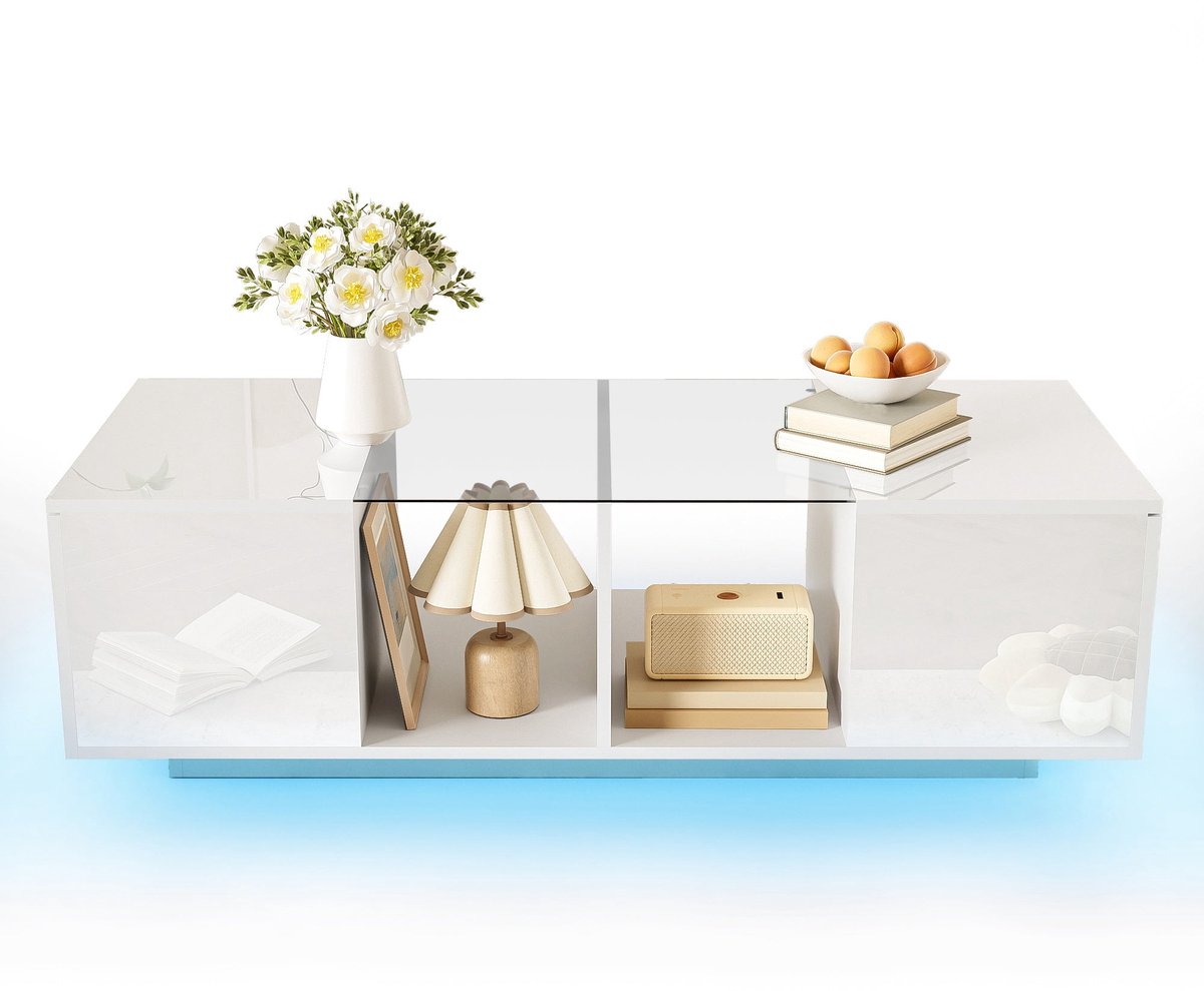 Merax Salontafel 120 x 50 x 38,5 cm - Wit Hoogglans - Ledverlichting met 16 Kleuren - Glasplaat - Opbergruimte
