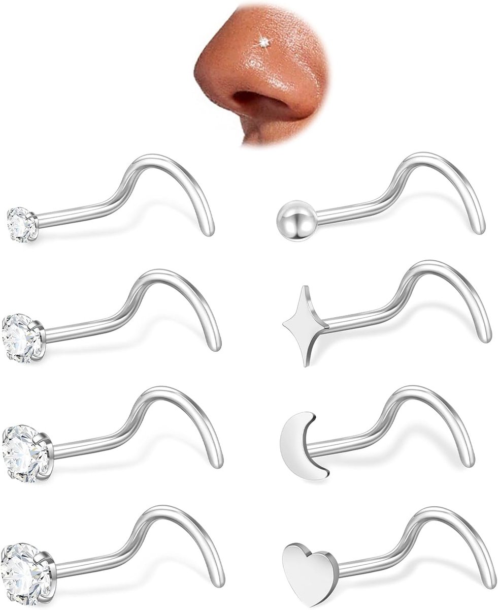 DAI JY 20g Nose Rings Stud For Women Surgical Steel Gold Silver Nose Ring L Shaped Corkscrew Nose Studs Hypoallergenic - ShopVlot