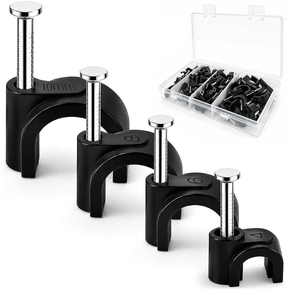 Kabelclips 4 maten - robuust zwart - wandmontage met spijker - voor nette kabelgeleiding - ShopVlot