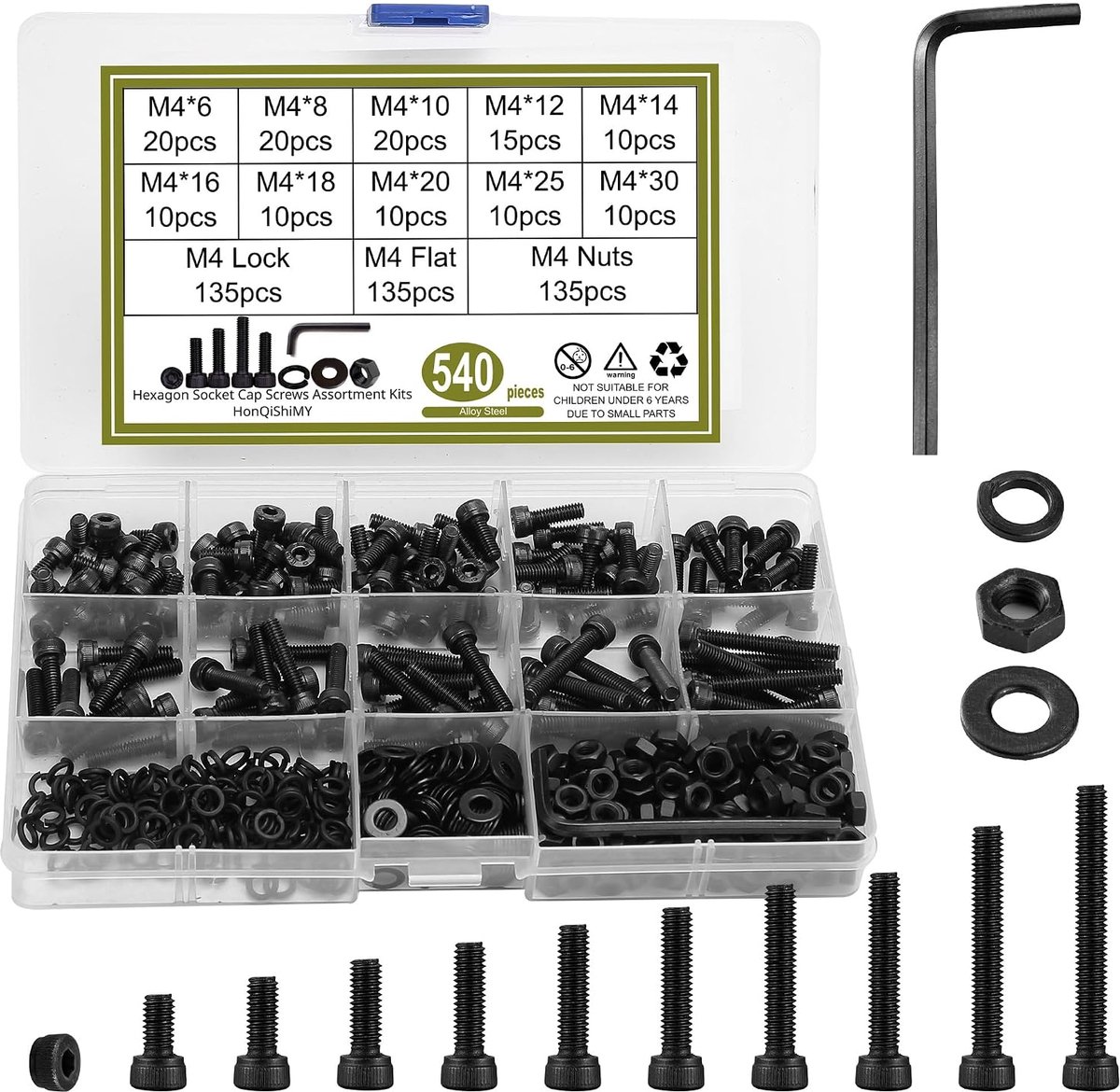 Schroeven set M4 - Zwart hex schroeven met moeren en ringen - Assortiment voor machinebouw - ShopVlot