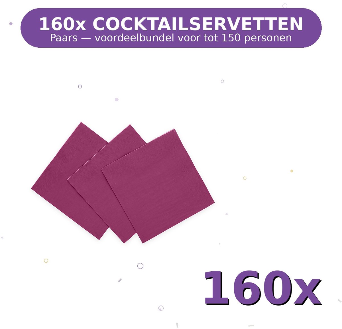 Cocktail servetten 24x24cm FSC Paars - Voordeelverpakking 160 Stuks voor tot 150 Personen - Feestartikelen