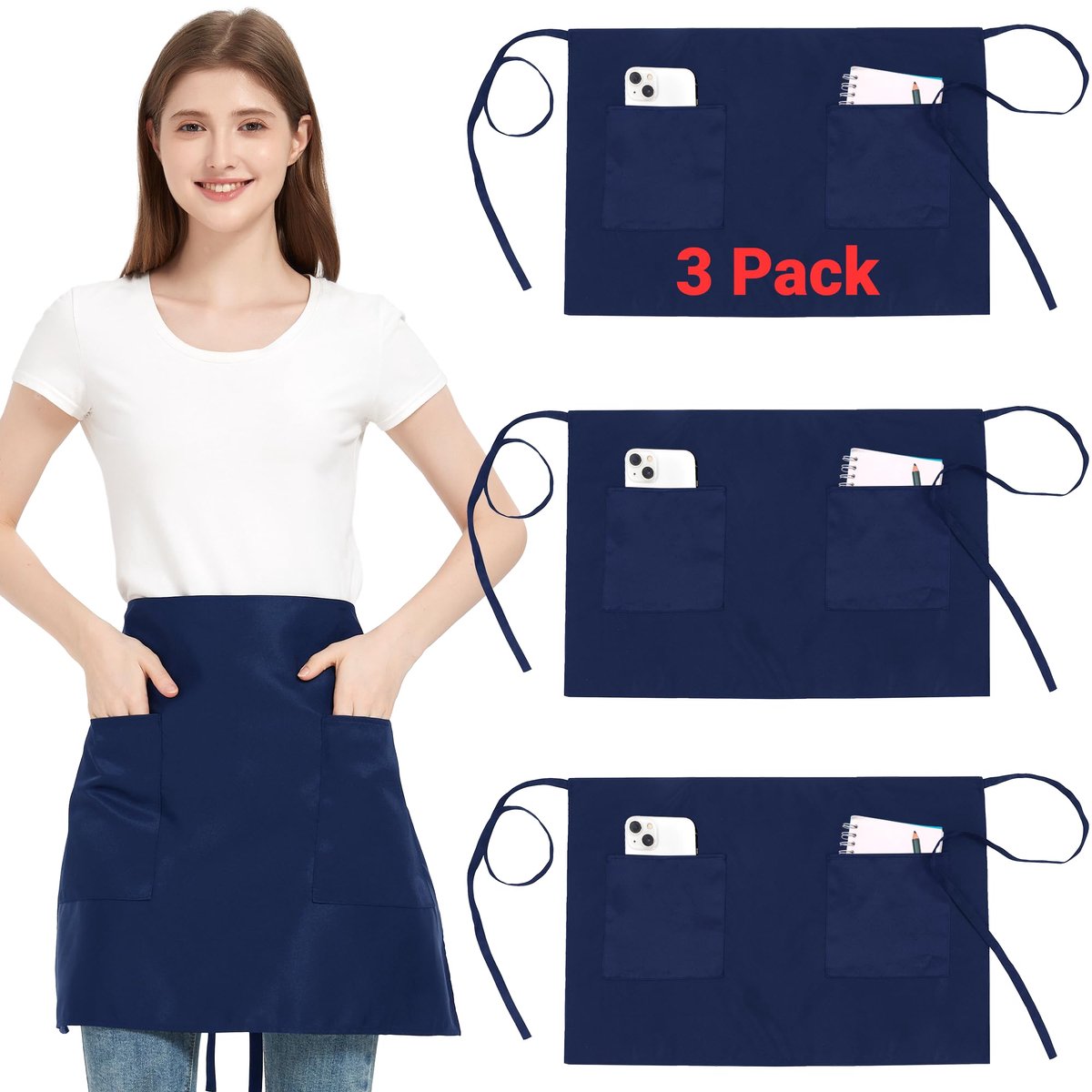 Taille schort 3 pack - marineblauw - waterbestendig - met 2 zakken voor serveren - ShopVlot