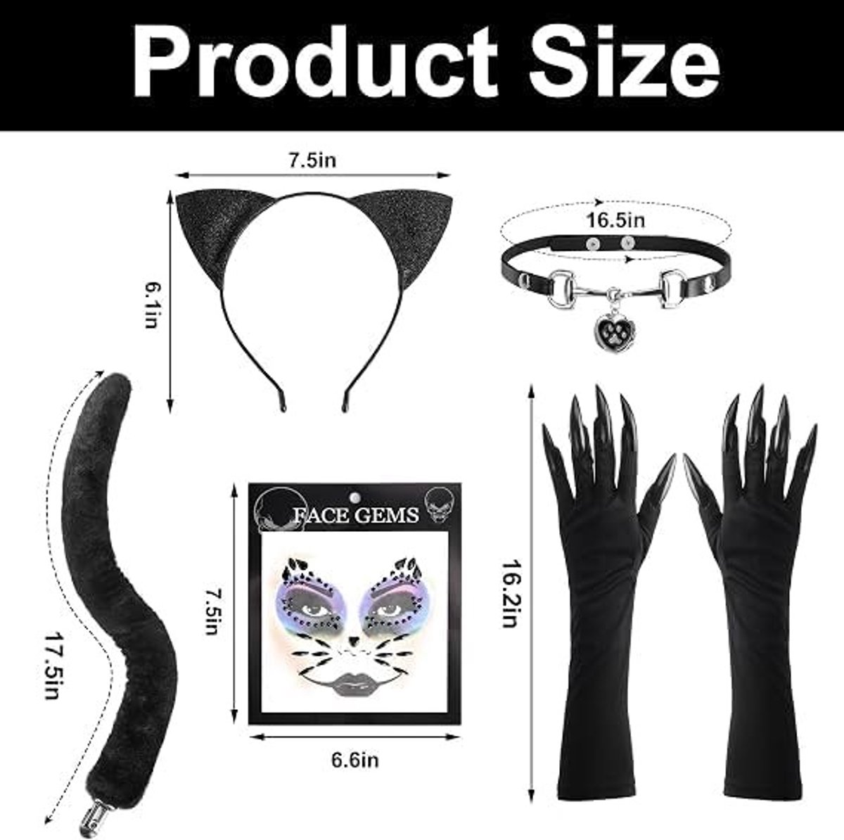 Kattenkostuum dames set voor Halloween - kat cosplay outfit met kattenoren, staart, handschoenen en halsketting accessoires