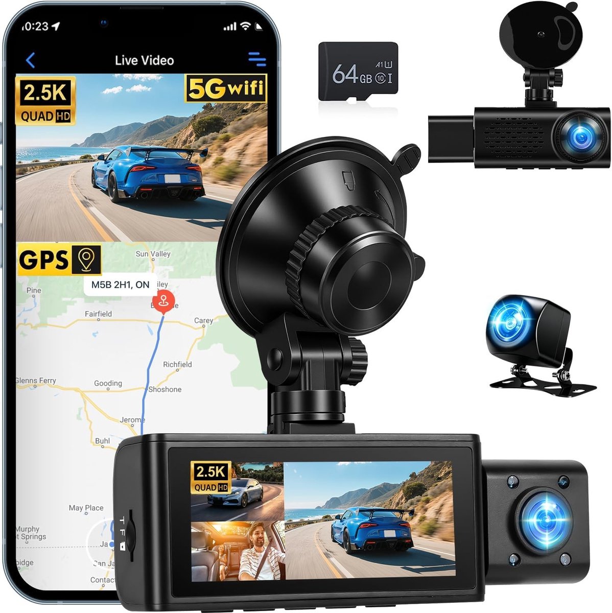 Dashcam - Zwart - 2,5 K - Met 360° Opname en Geïntegreerde GPS - Voor Auto