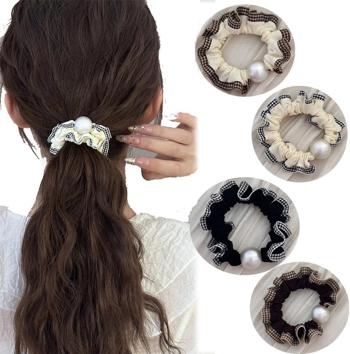 Stijlvolle Scrunchies in Plaid en Kant voor Dames en Meisjes - Set van 4 Elastische Haarbanden voor Ponytails en Kapsels