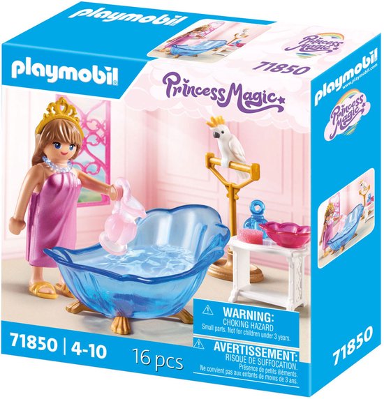 Playmobil 'Princess Magic' speelgoeddoos met prinses die water in een blauwe badkuip giet.