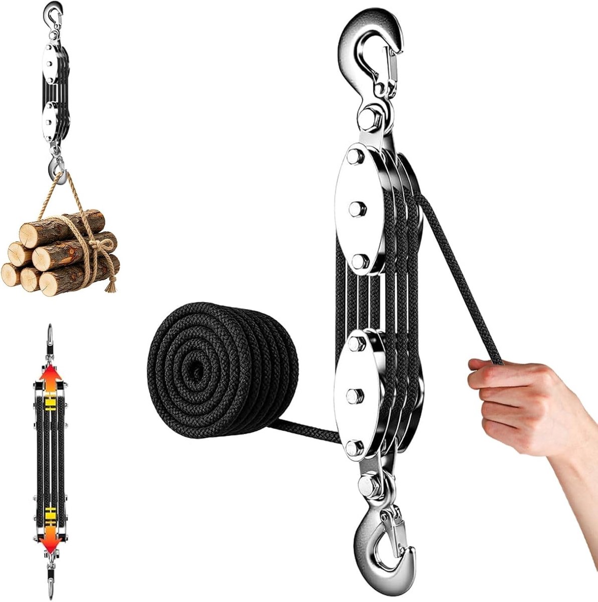 Laborbesparende katrol 8:1 met 20 meter touw, zware belasting tot 300 kg, ideaal voor hijstoepassingen en klussen