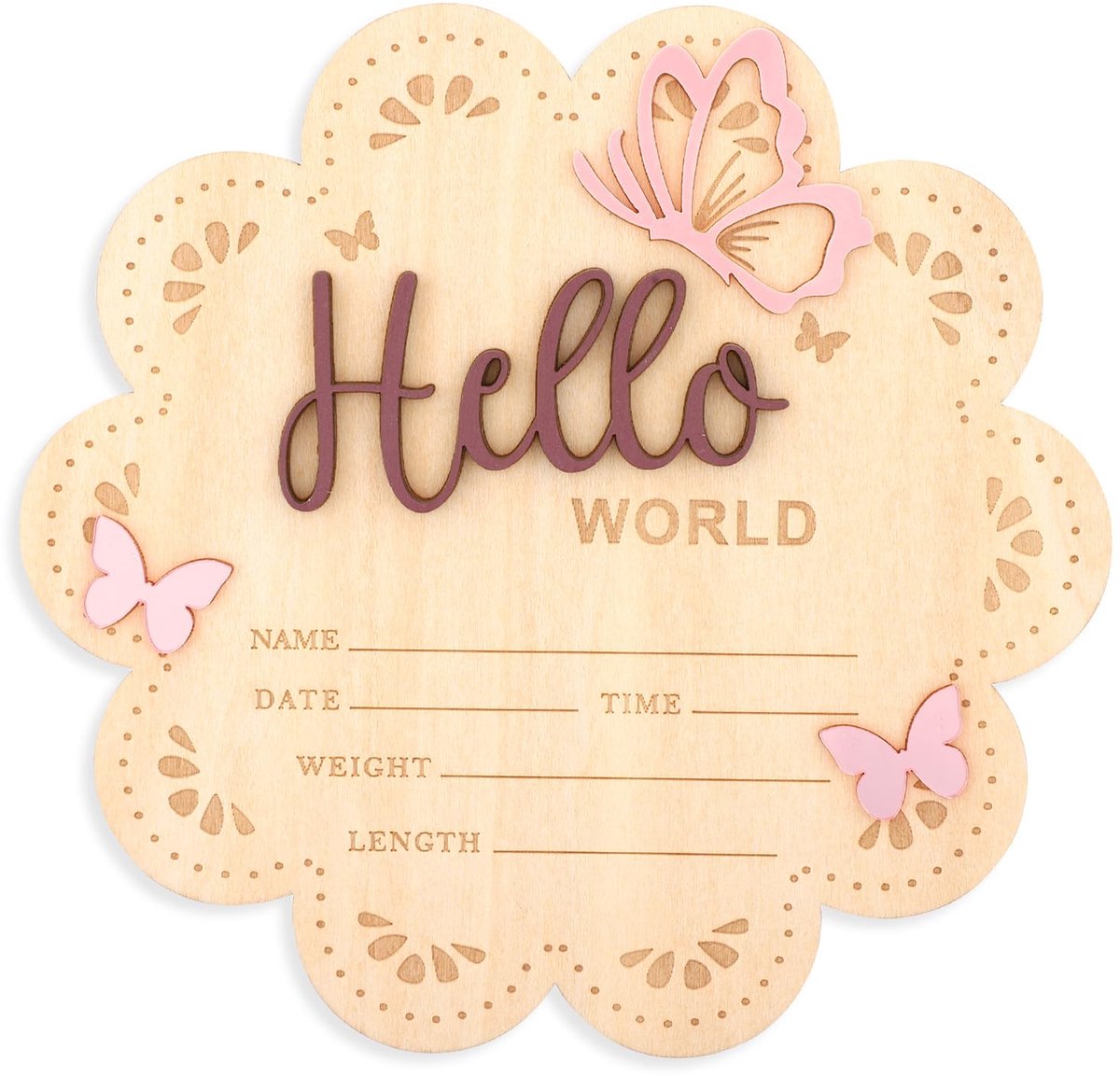 Aankondigingsbord pasgeborenen 15,5cm - houten bruin - Hello World bord - perfect voor fotomomenten - ShopVlot