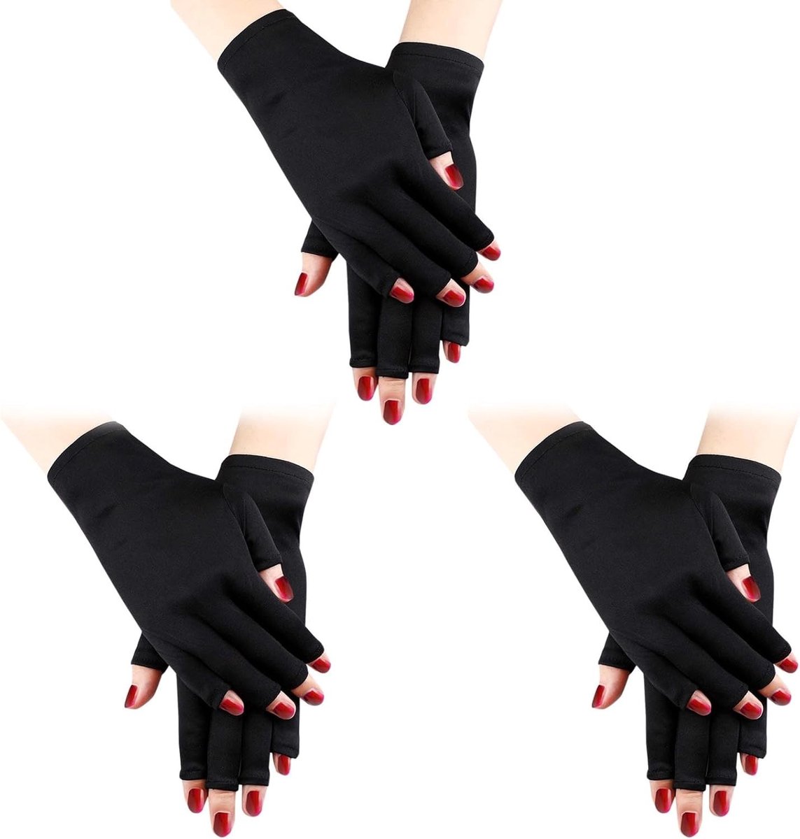 3 Paar UV Beschermende Vingerloze Handschoenen voor Manicure en Gel Nagels, Zwart, One Size
