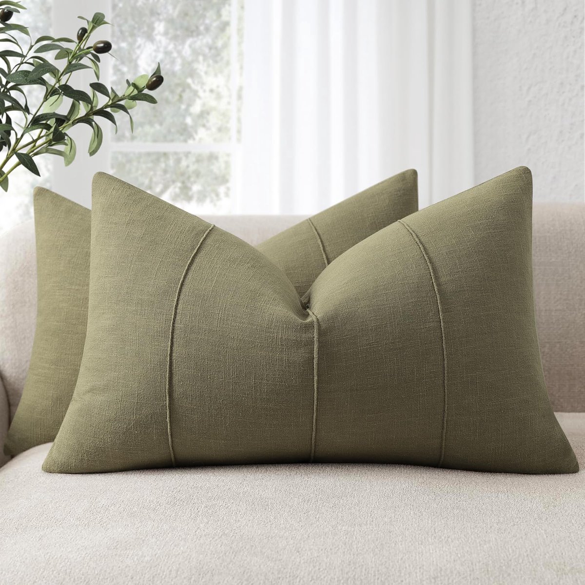 Kussenslopen 40x60 cm - Natuurlijk linnen - Effen olijfgroen met strepen - Perfect voor bank en bed - ShopVlot