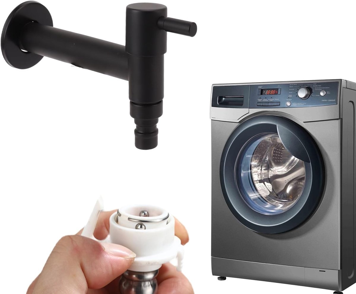 Zwarte RVS Wandkraan met Enkele Hendel voor Badkamer en Wasmachine - Koudwaterkraan voor Wastafel en Wasruimte