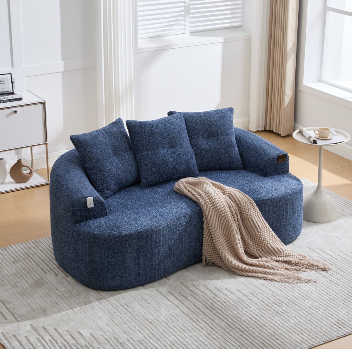 DESMIU Bank - 2-Zits - Gebogen Comfortbank Met 3 Sierkussens En Zachte Chenille - Voor Woonkamer En Relaxhoek - Stof - Blauw