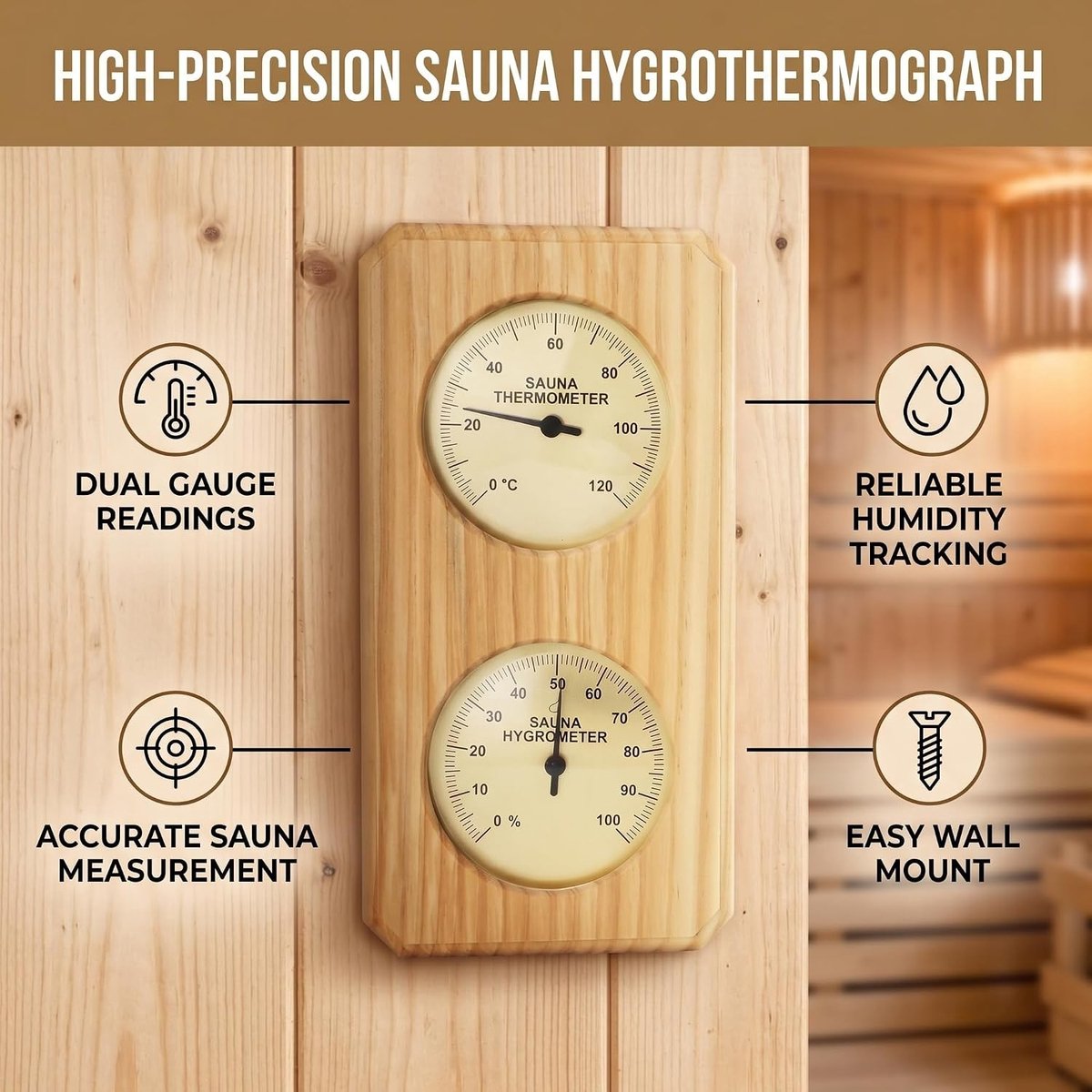 Nauwkeurige Sauna Thermometer met Houten Behuizing, Wandmontage, 0-100% Vochtigheid en 0-120°C Temperatuurmeting, Ideaal voor Thuisgebruik en Wellness