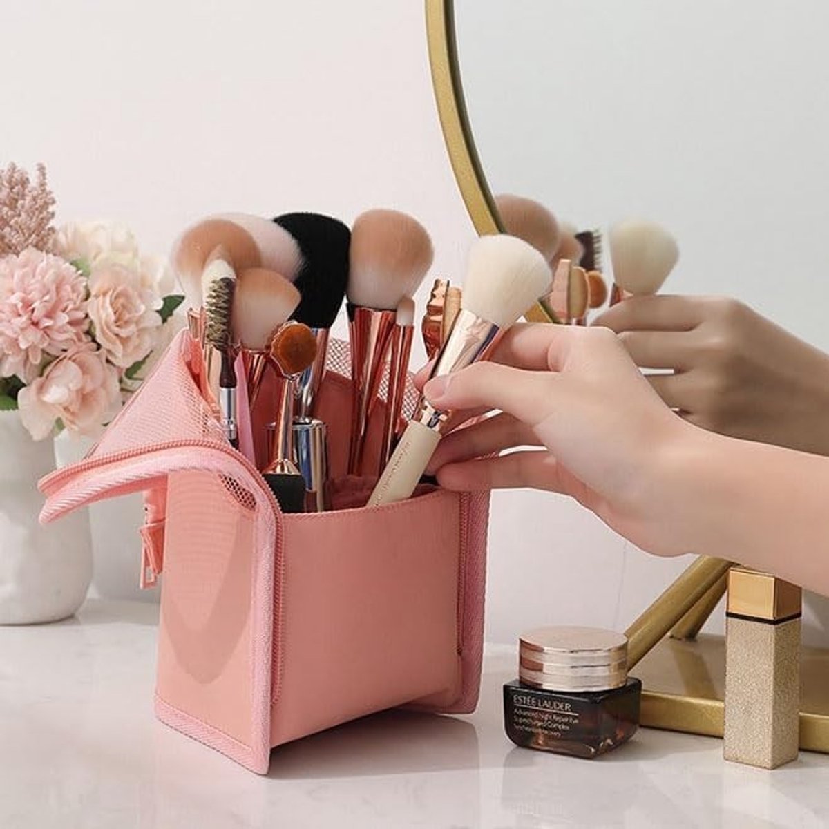 Make-up Borstel Organizer Tas met Waterdichte Stof, Ideaal voor Reizen en Opbergen van Make-up Accessoires, Roze, Eenvoudig Design