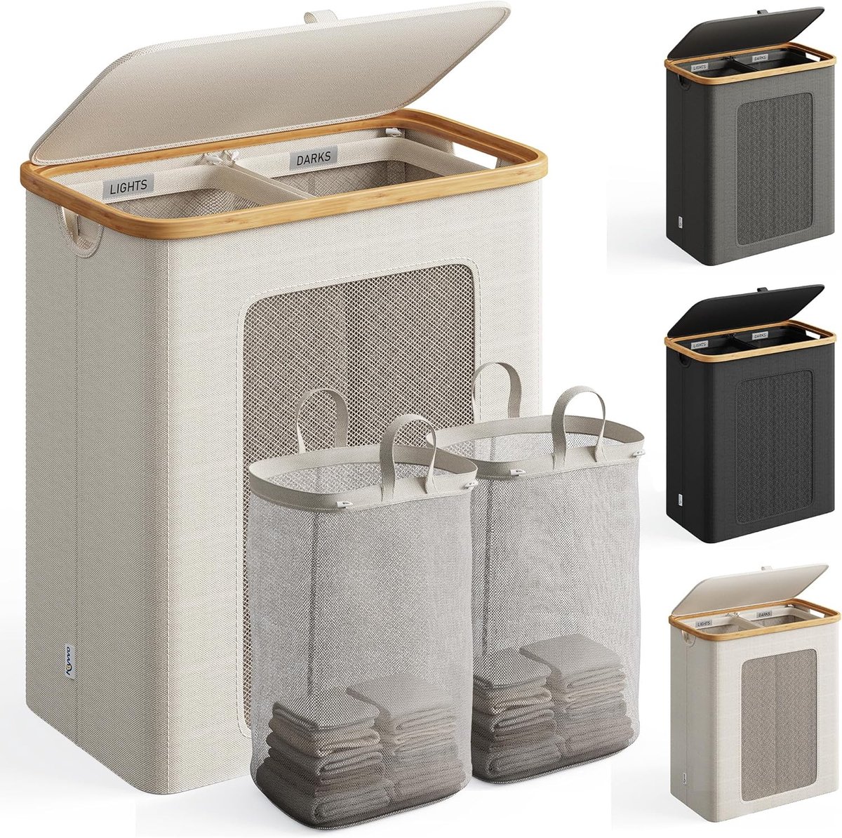 Klyvvo Wasmand met deksel 140L, wasverzamelaar met 2 vakken uit bamboe frame en 600D waterdichte Oxford stof, met 2 - ShopVlot