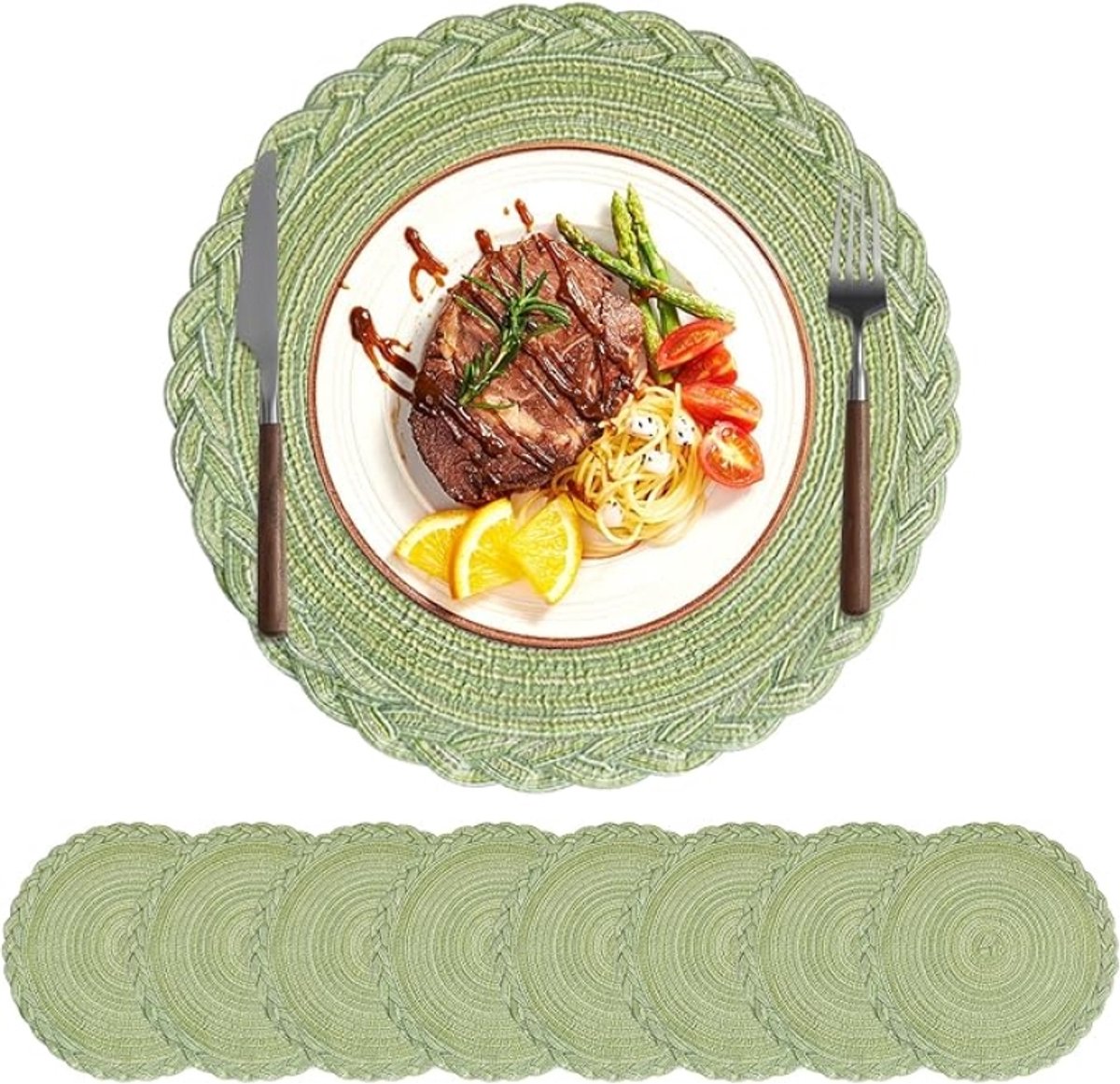 Placemat Rond 38 cm, Set van 8 – Wasbare Boho Gevlochten Hittebestendige Tafelonderleggers, Bloemenrand, Groen