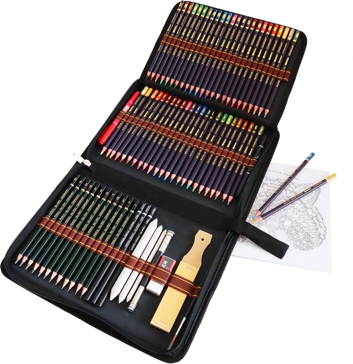 Kleurpotlodenset - Zwart - 29 x 21 x 3 cm - Professionele Aquarelset met Accessoires - Voor Kunstenaars en Studenten
