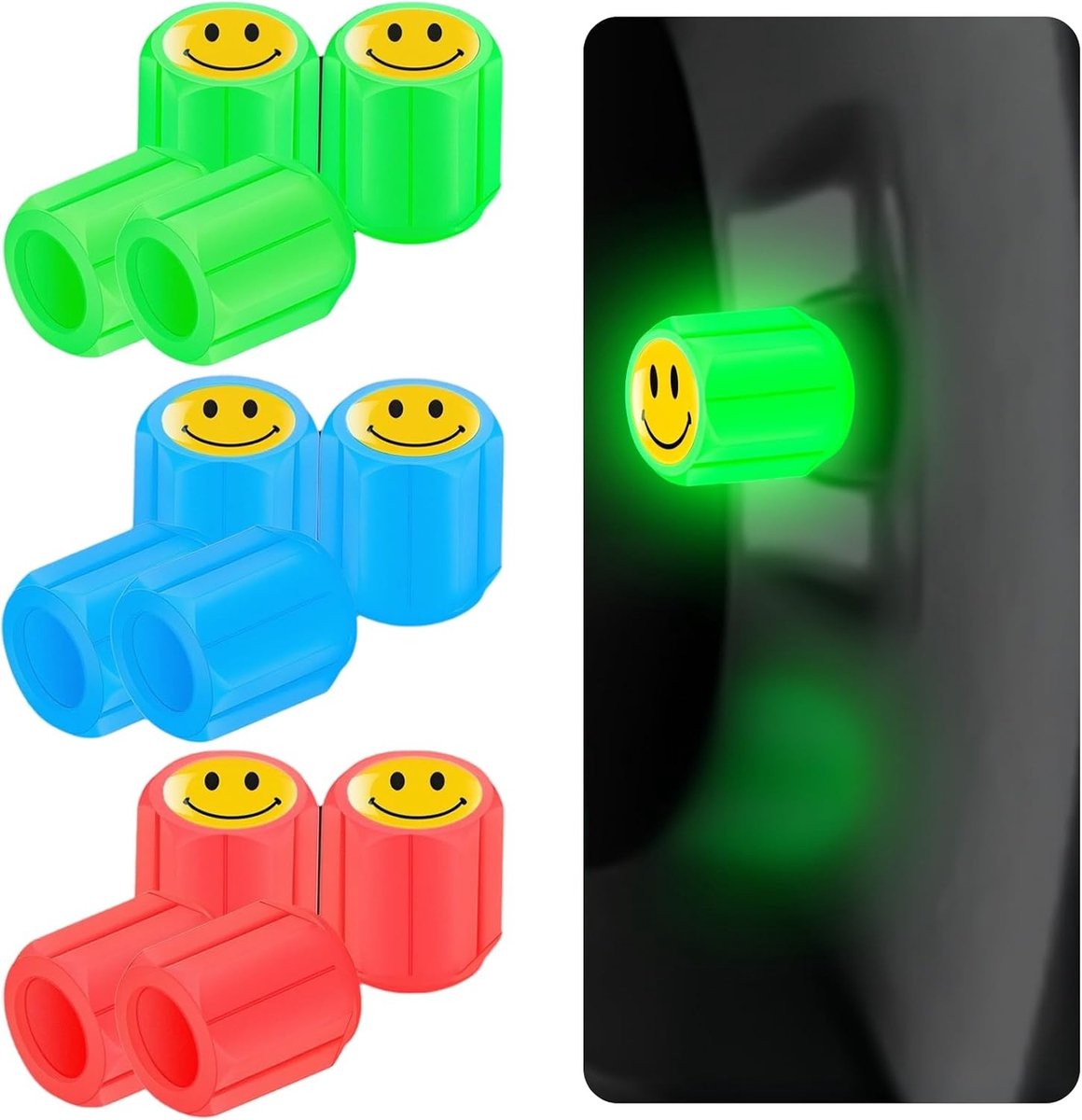 Set van 12 Verlichte Ventieldoppen met Smiley Ontwerp, Fluorescent en Weerbestendig voor Auto, Fiets en Motorfiets, Gemaakt van Duurzaam ABS Materiaal