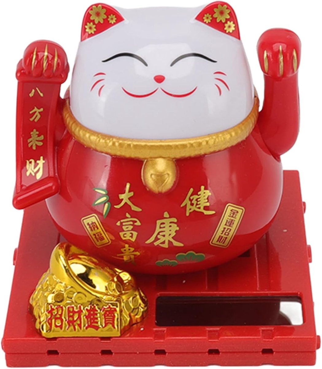Zwaaiende Fengshui Kat met Zonne-energie voor Geluk en Rijkdom - Schattige Decoratie voor Auto, Thuis en Kantoor