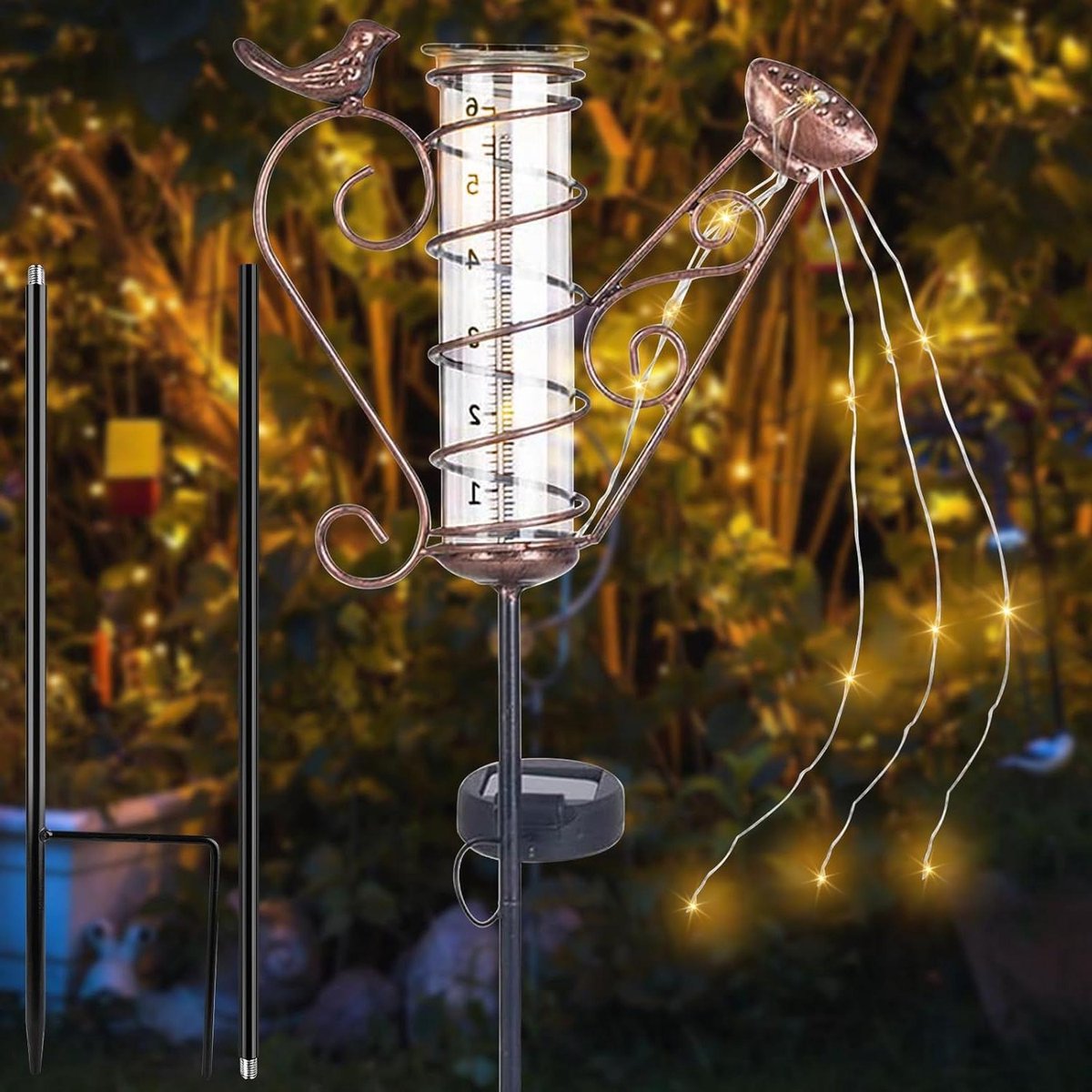 Regenmeter Tuin - Neerslagmeter Buiten - Tuinonderhoud Meten - Zonne-energie Verlichting - 6 Inch Schaal - Roestkleur